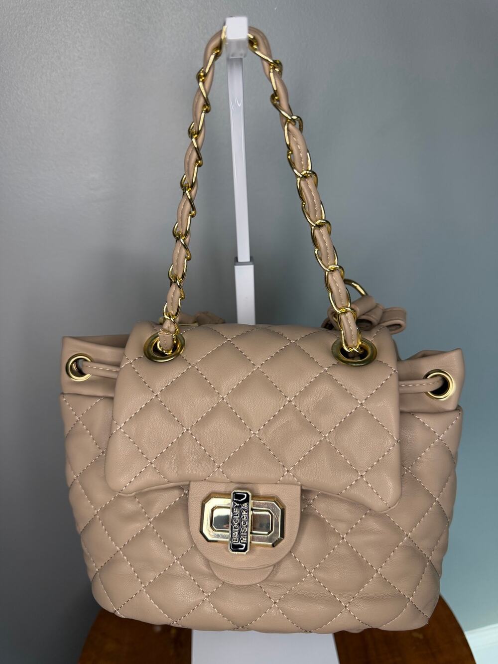 Badgley Mischka Taupe Micro Mini Quilted Backpack NWT Gold Chain MSRP $99